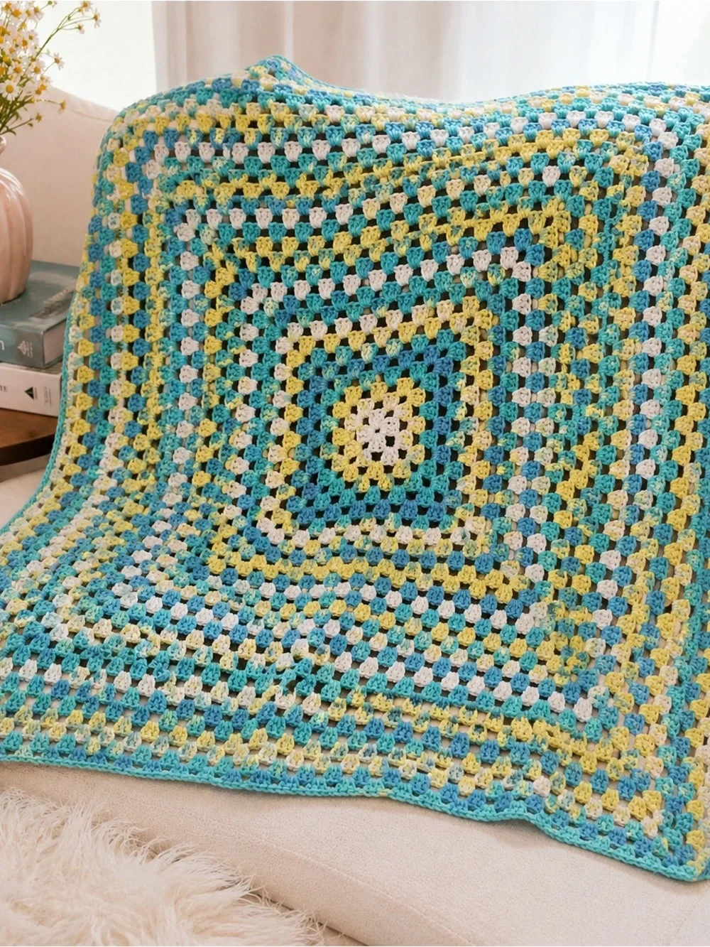Crocheted Granny Square Throw Blanket - Blue, Yellow, White